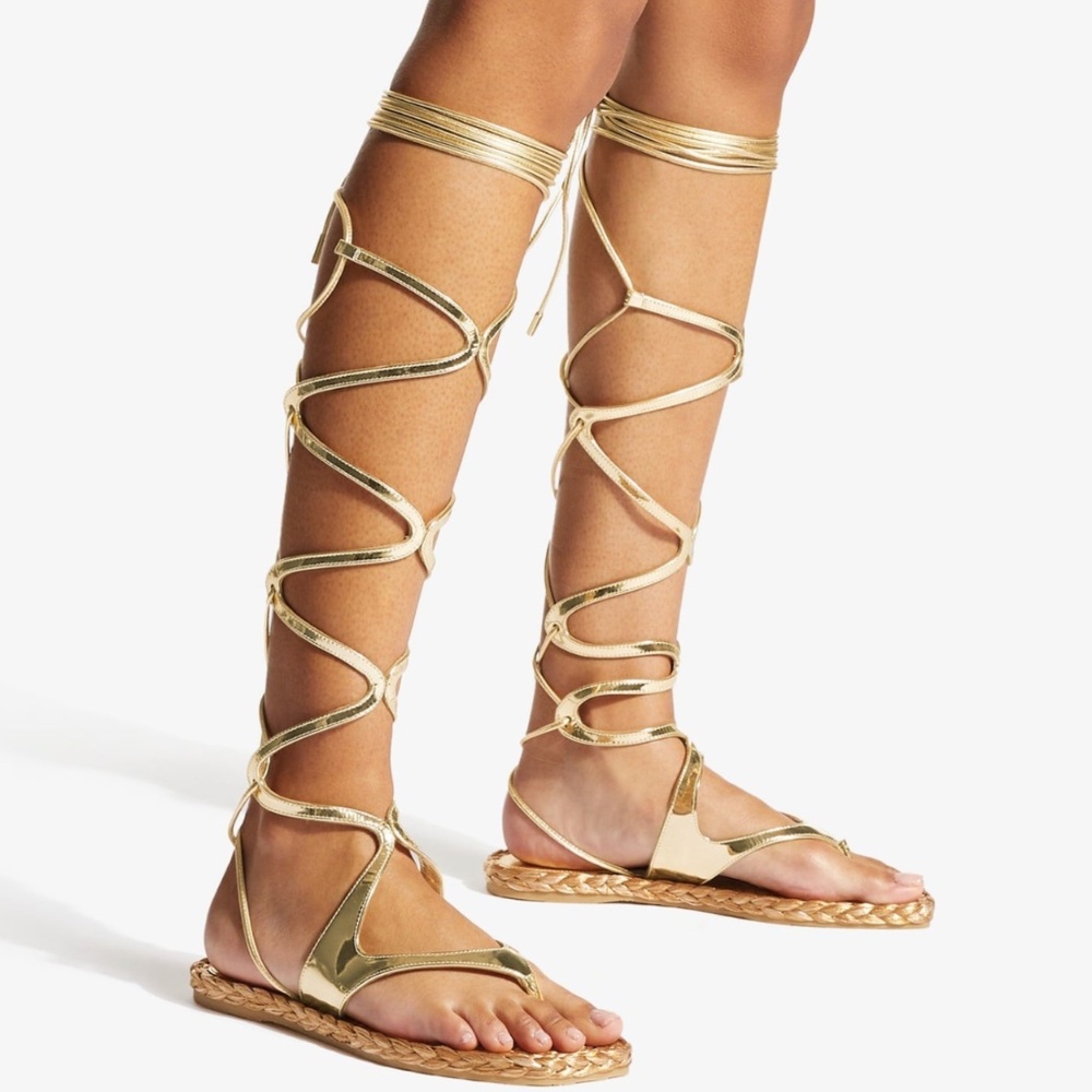 JIMMY CHOO  Agave Flat Gold Liquid Metal Leather Flat Gladiator Sandals
